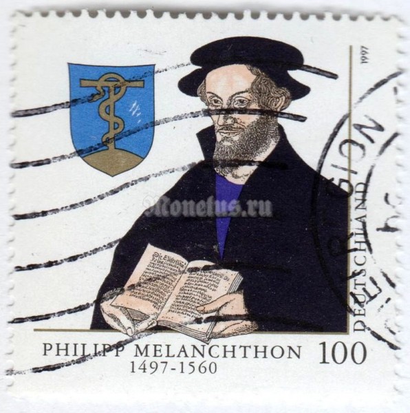 марка ФРГ 100 пфенниг "Philipp Melanchthon (1497-1560)" 1997 год Гашение