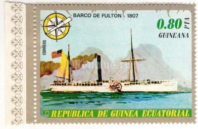 марка Экваториальная Гвинея 0,80 песета "Fulton's Steamship (1807)" 1976 год
