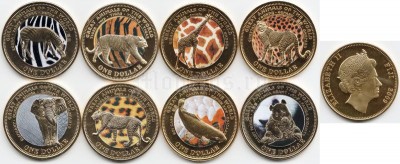 Фиджи набор из 8-ми монет 1 доллар 2009 год животные позолота