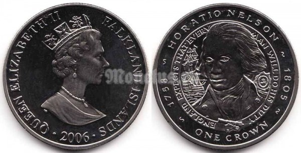 Монета Фолклендские острова 1 крона 2006 год - Горацио Нельсон