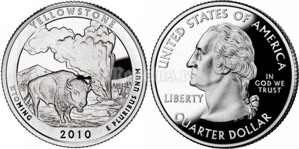 монета США 25 центов 2010 год Вайоминг Yellowstone, 2-й