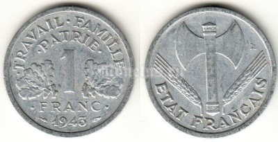 монета Франция 1 франк 1943 год