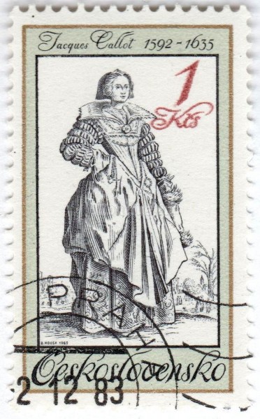 марка Чехословакия 1 крона "Lady with Lace Collar, by Jacques Callot (1592-1635)" 1983 год Гашение