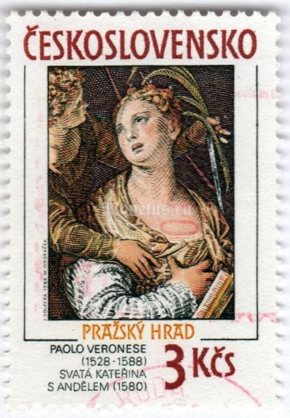 марка Чехословакия 3 кроны "St. Catherine with Angel, 1580, by Paolo Veronese" 1988 год Гашение