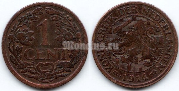 монета Нидерланды 1 цент 1914 год