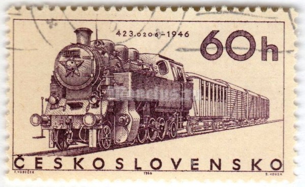 марка Чехословакия 60 геллер "Steam engine 423.02 (1946)" 1966 год Гашение