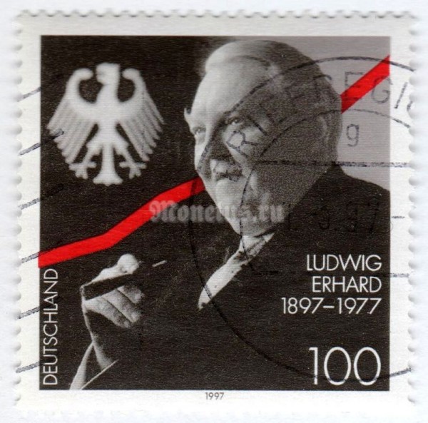марка ФРГ 100 пфенниг "Ludwig Erhard (1897-1977)" 1997 год Гашение