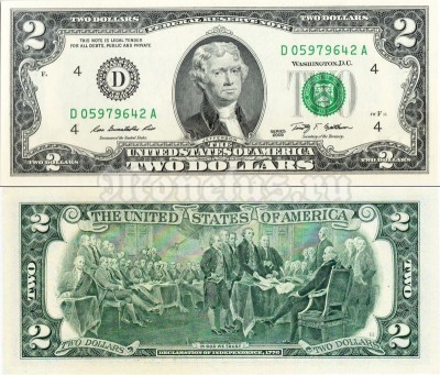 банкнота США 2 доллара 2009 год