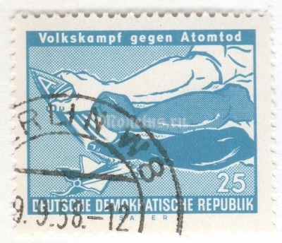 марка ГДР 25 пфенниг "No Atom bombs" 1958 год Гашение