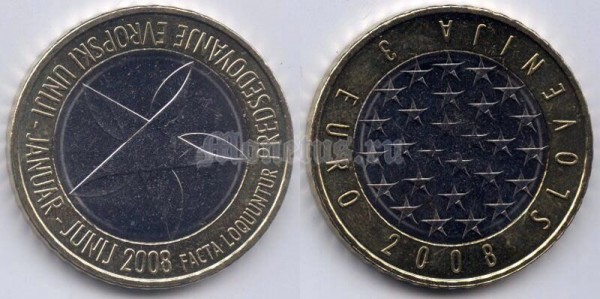 монета Словения 3 евро 2008 год Председательство Словении в Евросоюзе