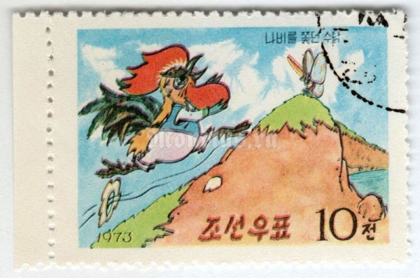 марка Северная Корея 10 чон "Battle of the cock and the butterfly**" 1973 год Гашение
