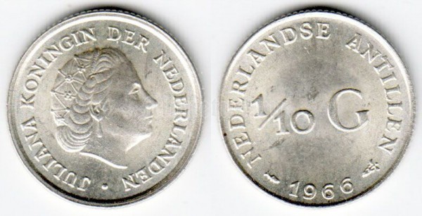 монета Нидерландские Антиллы 1/10 гульдена 1966 год королева Юлиана