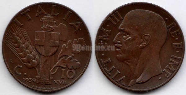 монета Италия 10 чентезимо 1939 год