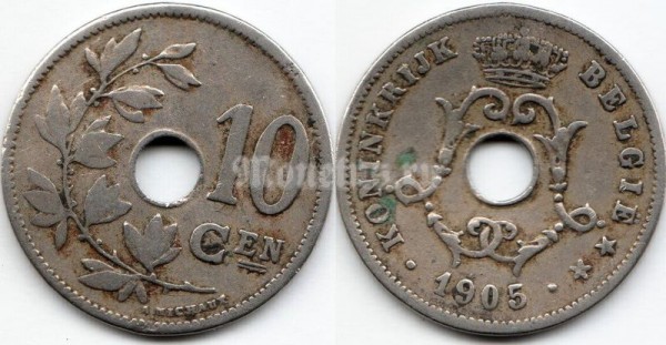 монета Бельгия 10 сантимов 1905 год BELGIË