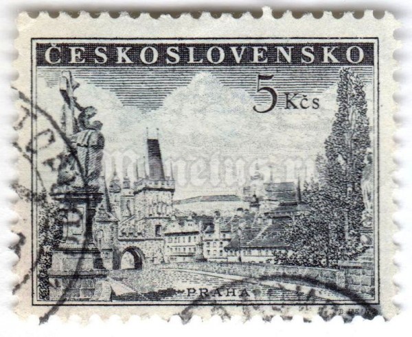 марка Чехословакия 5 крон "Prague - Charles Bridge” 1953 год Гашение