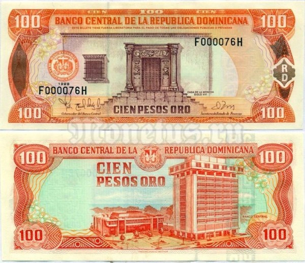 Банкнота Доминикана 100 песо 1998 год