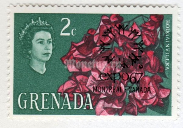 марка Гренада 2 цента "Bougainvillea (overprinted)*" 1967 год