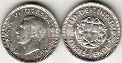 Монета Великобритания 3 пенса 1941 год Георг VI