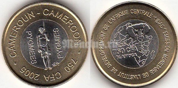Монета Камерун 0.5 африка/750 франков 2005 год - Пигмеи 2