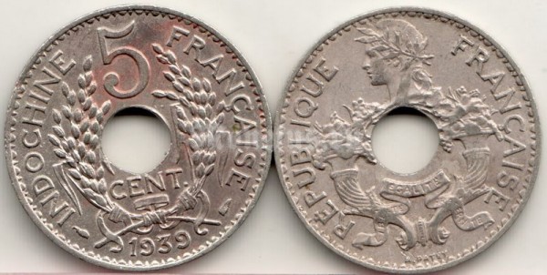 монета Французский Индокитай 5 центов 1939 год