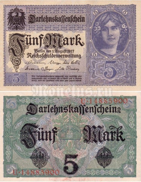 банкнота Германия 5 марок 1917 год