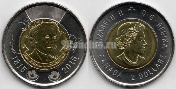 монета Канада 2 доллара 2015 год - Сэр Джон Макдональд, 200 лет со дня рождения
