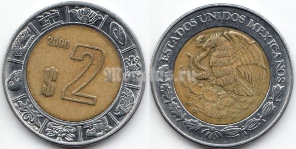 монета Мексика 2 новых песо 2000 год