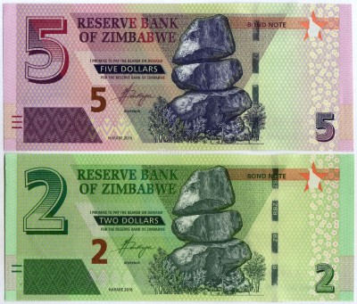 Набор из 2-х банкнот Зимбабве 2 и 5 долларов 2016 год