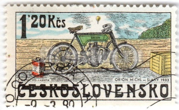 марка Чехословакия 1,20 кроны "Orion Michl, Slaný 1903" 1975 год Гашение