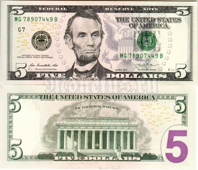 банкнота США 5 долларов 2013 год