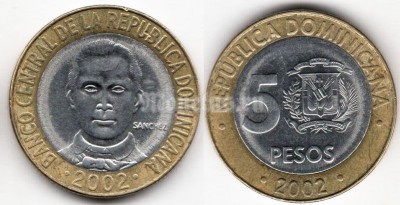 монета Доминикана 5 песо 2002 год
