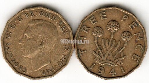 Монета Великобритания 3 пенса 1941 год Георг VI растение лук-порей