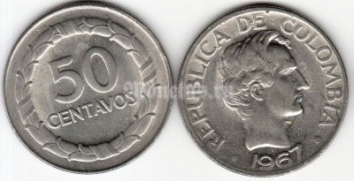 монета Колумбия 50 центаво 1967 год