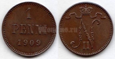 Монета Русская Финляндия 1 пенни 1909 год