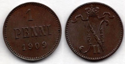 Монета Русская Финляндия 1 пенни 1909 год