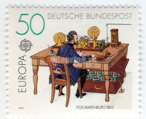 марка ФРГ 50 пфенниг "Telegraph Office, 1863" 1979 год