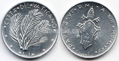 монета Ватикан 1 лира 1975 год