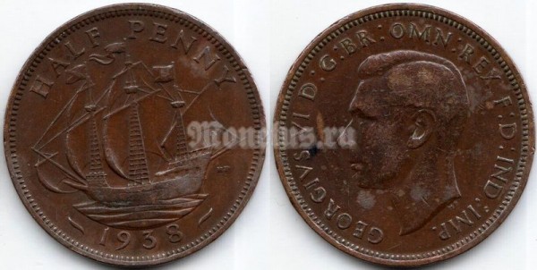 монета Великобритания 1/2 пенни 1938 год