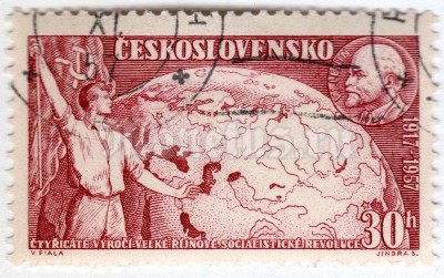 марка Чехословакия 30 геллер "Russian October Revolution, 40th Anniversary" 1957 год Гашение