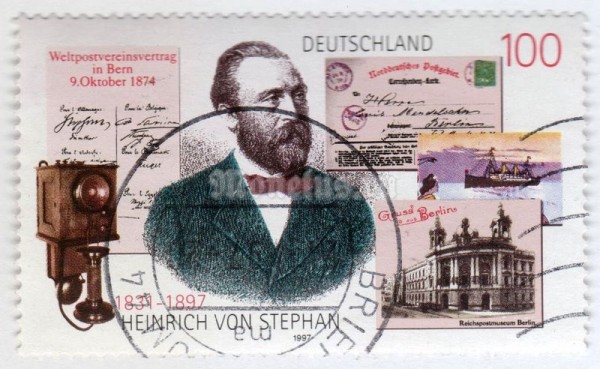 марка ФРГ 100 пфенниг "Heinrich von Stephan (1831-1897), Telephone and Postcards" 1997 год Гашение