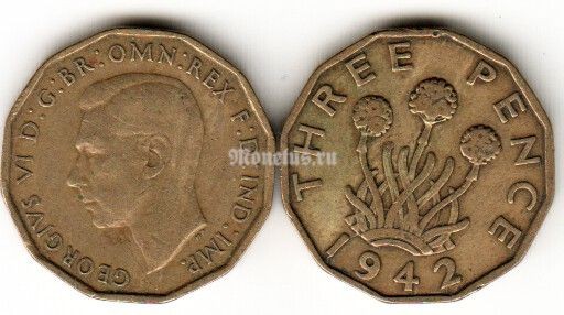 Монета Великобритания 3 пенса 1942 год Георг VI растение лук-порей