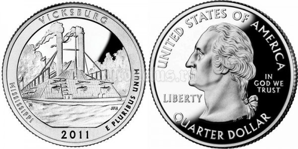монета США 25 центов 2011 год Миссисипи национальный военный парк Виксберг, 9-й