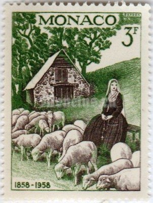марка Монако 3 франка "Bernadette with sheeps" 1958 год