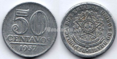 монета Бразилия 50 сентаво 1957 год