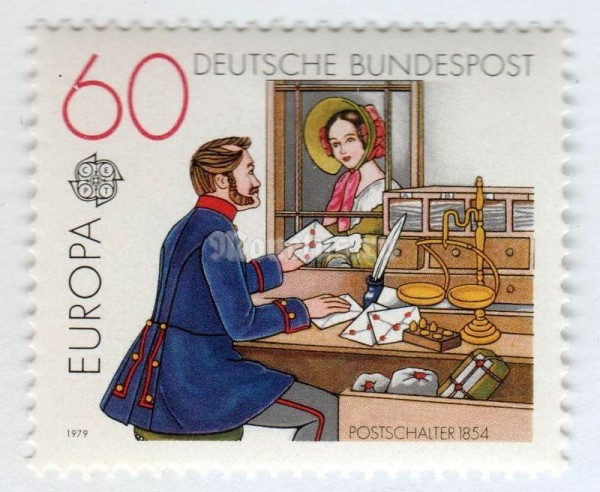 марка ФРГ 60 пфенниг "Post Office counter, 1854" 1979 год