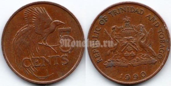 монета Тринидад и Тобаго 5 центов 1990 год