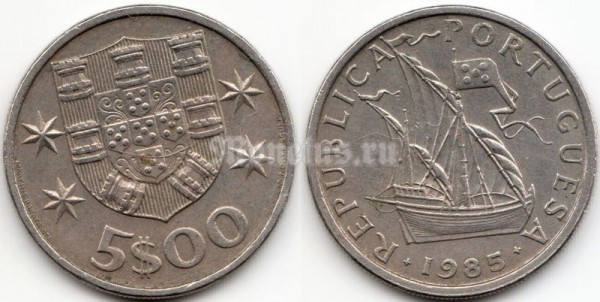 монета Португалия 5 эскудо 1985 год