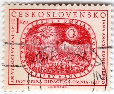 марка Чехословакия 1 крона "Sun, moon, stars and earth” 1957 год Гашение