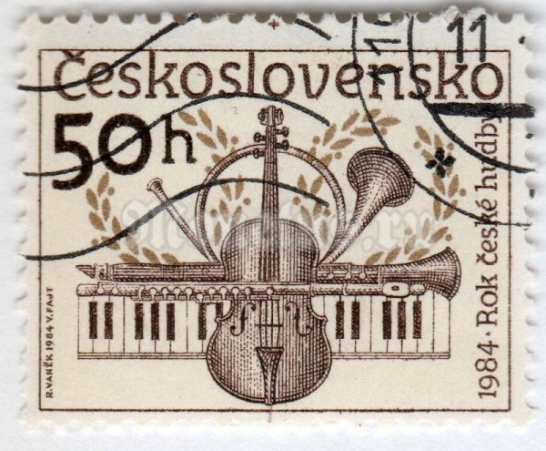 марка Чехословакия 50 геллер "Music Year - musical instruments" 1984 год Гашение