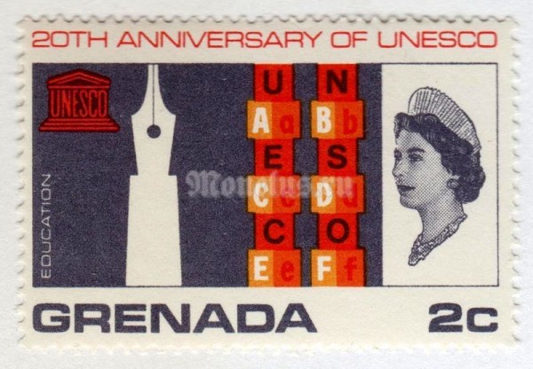 марка Гренада 2 цента "Anniversary of UNESCO" 1966 год